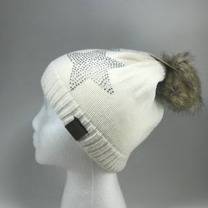 NWT Ivory CC Beanie with Faux Fur Pom Rhinestone